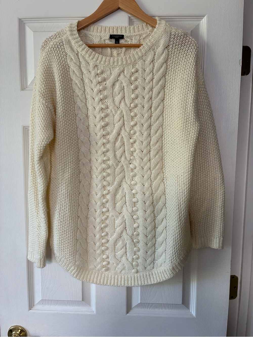Talbots Cream Cable-Knit Crewneck Sweater - Picture 2 of 7